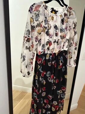 Ann Taylor Factory Floral Midi Dress Size 4 Sheer Long Sleeve Fit & Flare Lined